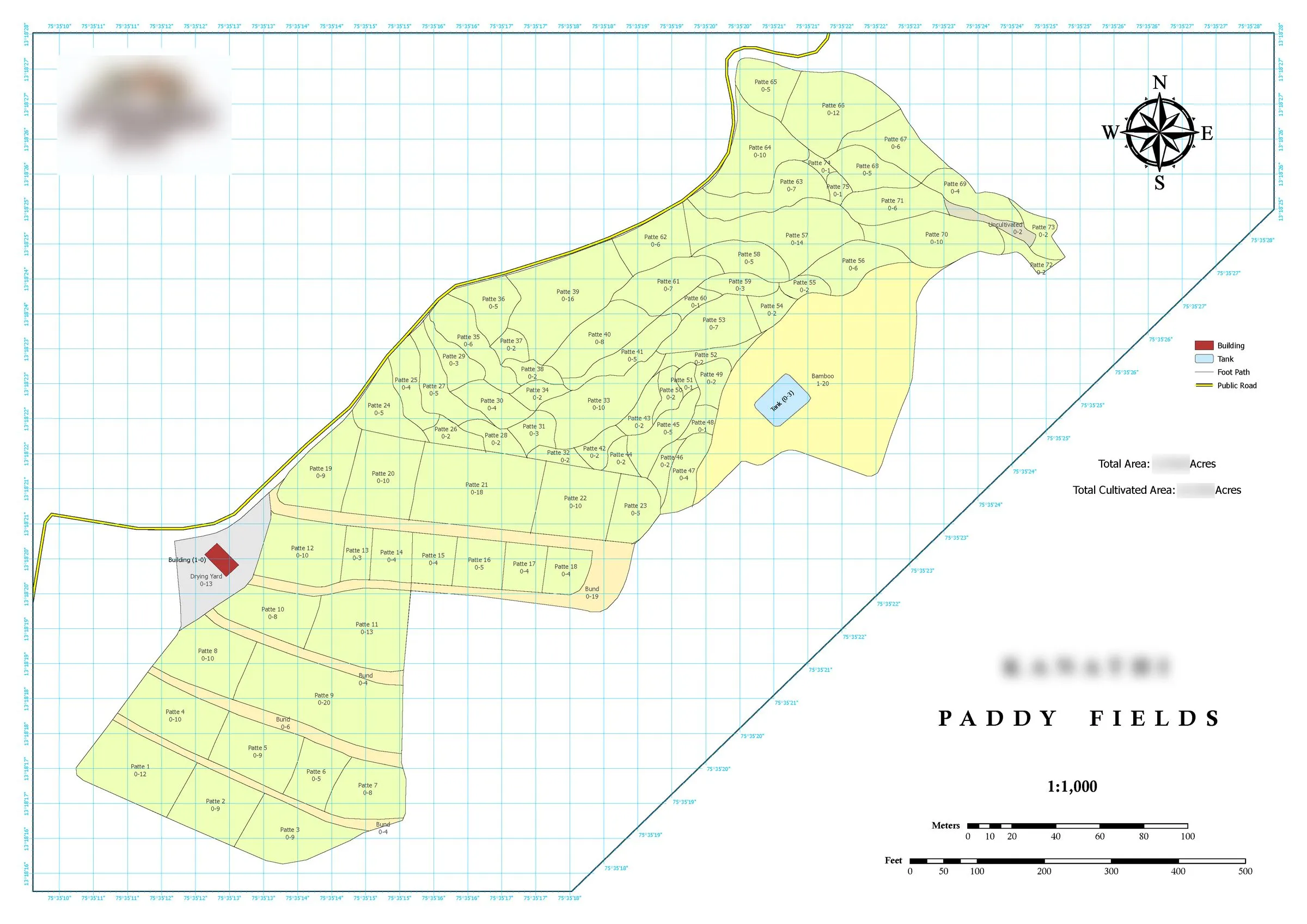 Technical operational map of paddy fields with block-by-block area calculations