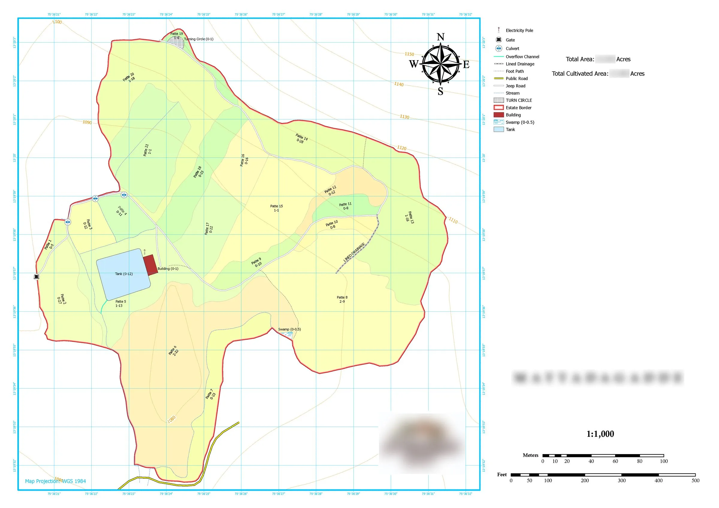 Technical estate map showing cultivated and uncultivated area blocks