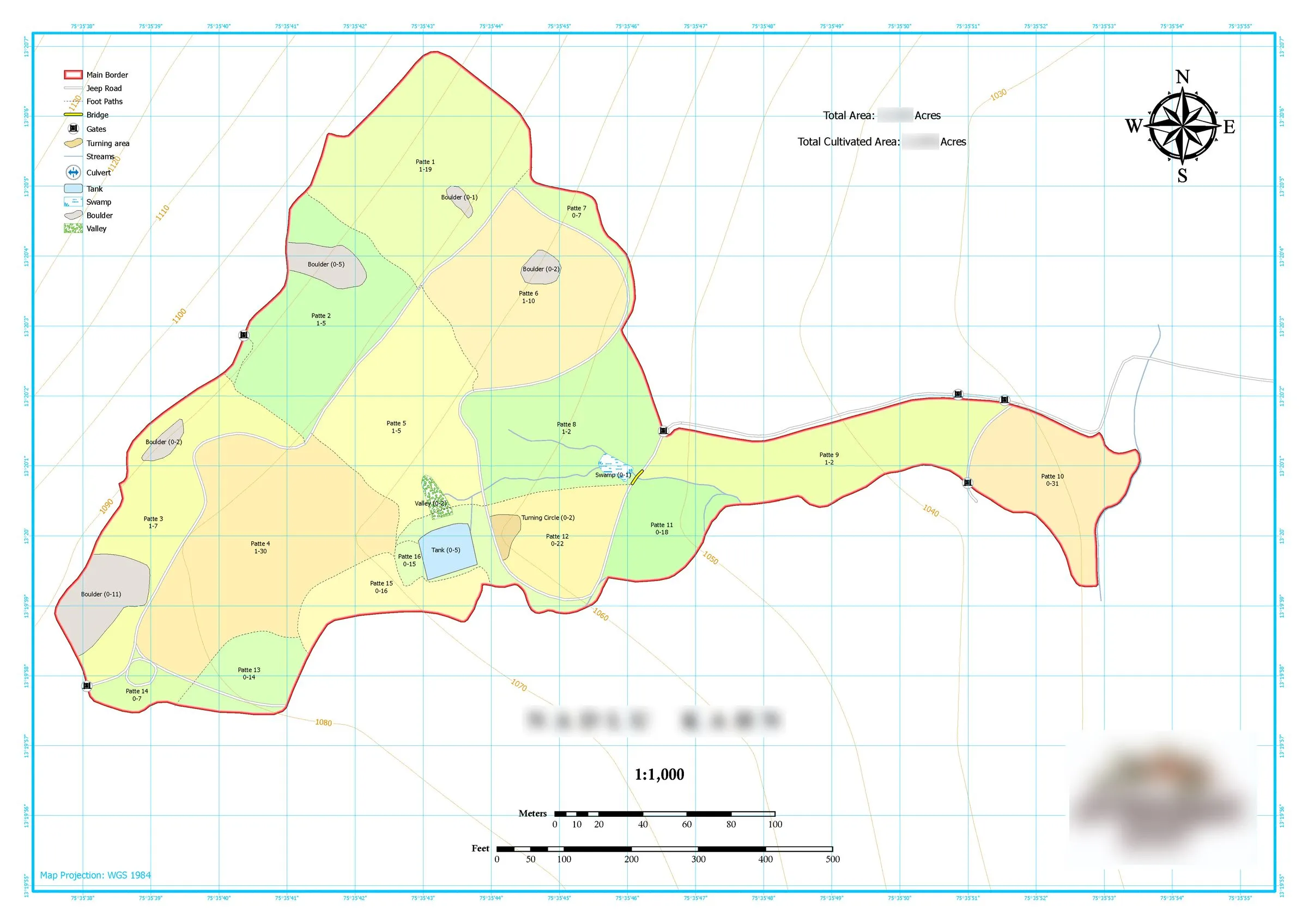 Technical operational map with plot divisions and area totals